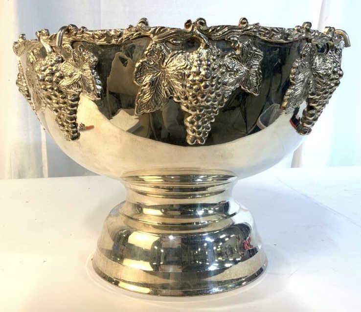 Grand Silver Pl Grape and Vine Footed Bowl: Punch bowl, comes with ladle , comes with lower fitted drainage piece and stand insert for bottles, transforms multi purpose, fruit bowl, multi bottle wine cooler wine bucket, punch bowl with ladle, b