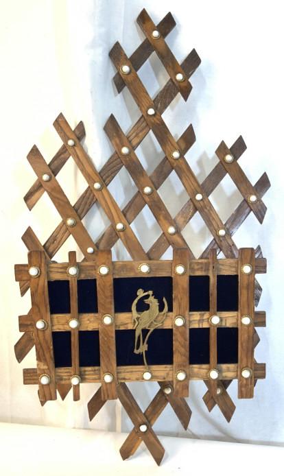 Antique Wood Porcelain Brass Letter Box: Circa 1880 wall mount letter box, lattice work top and lower design accented w Porcelain buttons, box in lattice work, velvet and wood back, brass eagle bird at center, brass is loose, 19th century co