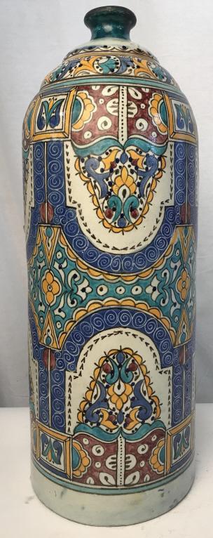 Signed Moroccan Hand-Painted Ceramic Floor Jug: Floor-size Moroccan ceramic jug, Hand-Painted with moorish pattern in tones of yellow, blue, aqua-green, and maroon. Marked on underside AR Fes, for Fes, Morocco, c. 1970s. Measures approx 21.5 inches