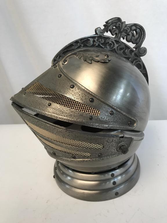 Knight’s Armor Helmet, Barware Storage Decor: Barware Storage Decor stylized as detailed replica of Knight's Helmet, c. 1970s. Interior of helmet has red tone interior with sections for decanter and shot glasses (glassware/Barware not included). 