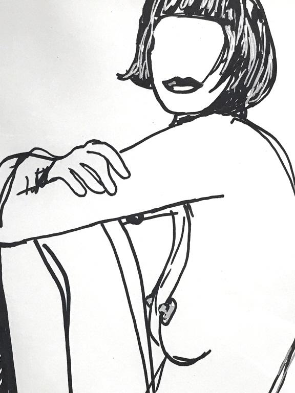 Signed Tom WESSELMANN Marker On Paper, Nude Study: Attributed to Tom WESSELMANN (Amer., 1931-2004). Signed in lower right corner. Artwork appears to be black and silver tone marker on paper, possibly mixed media, depicting seated nude female figure. A