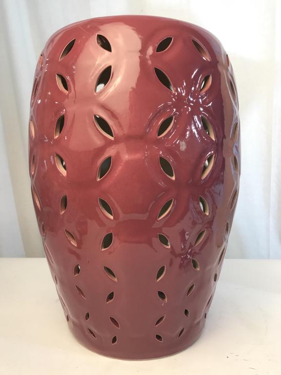 Rose Tone Glazed & Pierced Ceramic Garden Stool: Rose, orchid tone glazed pierced ceramic garden stool. Measures approx 17.75 inches in height by 12 inches in diameter. Vintage ceramic garden stool, planter stand, outdoor garden patio deck accessory