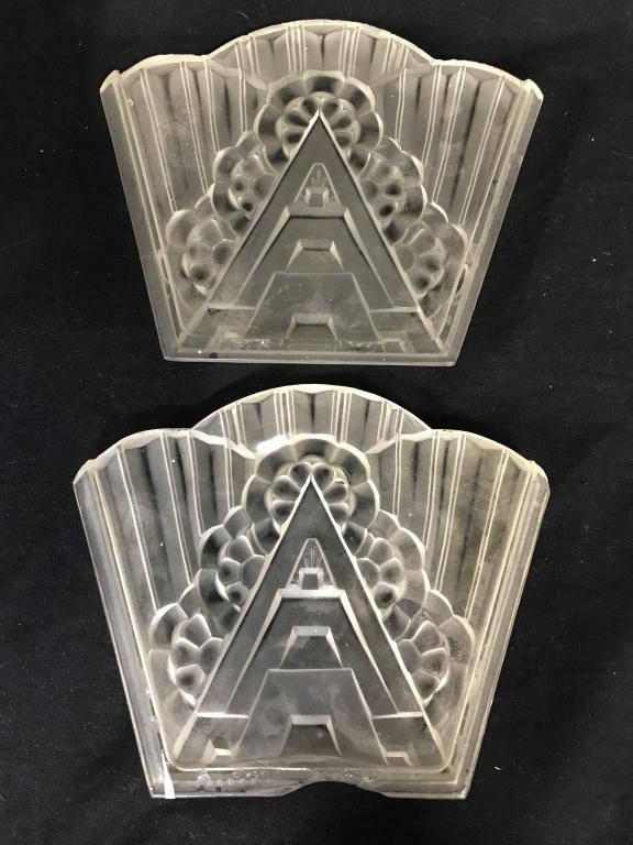 Pair French Art Deco Glass & Brass Wall Sconces: Pair Vintage French Art Deco Glass & Brass Wall Sconces, Art Deco Rene Lalique Style Wall Sconces with intricate design of geometric and floral motif on frosted shades, each shade is housed by a brass