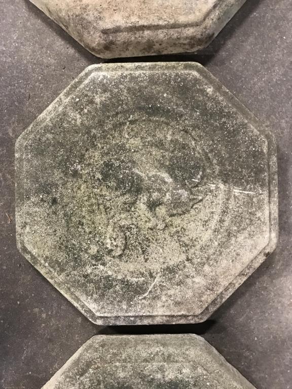 Set 3 Stepping Stones W Animal Motifs: Set of 3 composition stone stepping stones in octagonal shape. American, c. 1940. Faded animal motifs on each, appears to be squirrel, cat, and bird motifs. Each measures approx 13 inches squared in l