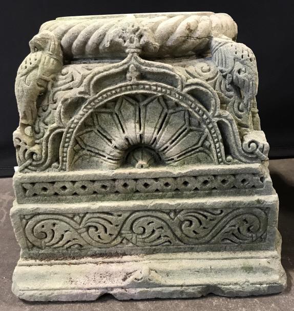 Pair Antique Carved Sandstone Indian Column Bases: Pair of Indian carved sandstone architectural pillar bases, late 18th century. Bases have substantial weight. Intricately carved, one with birds and monkey, the other with birds only. Each measures ap