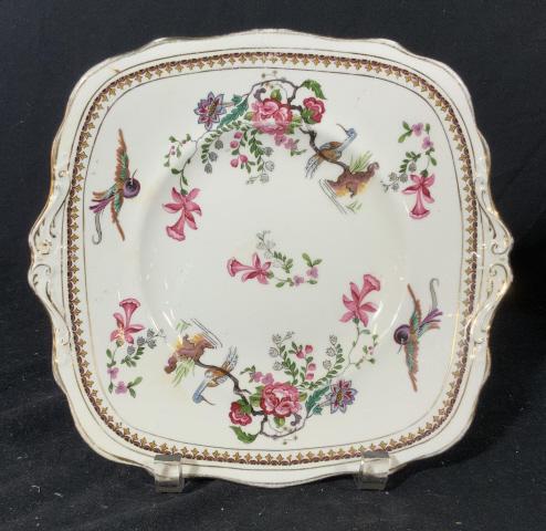 Vintage Paragon Porcelain C1930 Platter: English porcelain plate , circa 1930, painted floral and exotic birds, gold trim measures app 9 by 10 inches, collectible tableware, vintage porcelain