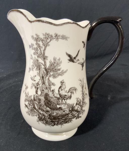 Black and White Porcelain Rooster Pitcher: Farm scene of roosters and chickens black transfer on white porcelain, ceramic, pottery, measures app ht 9.5 inches, spout to handle 9.5 inches, vase, vessel, Pitcher, jug, collectible tableware