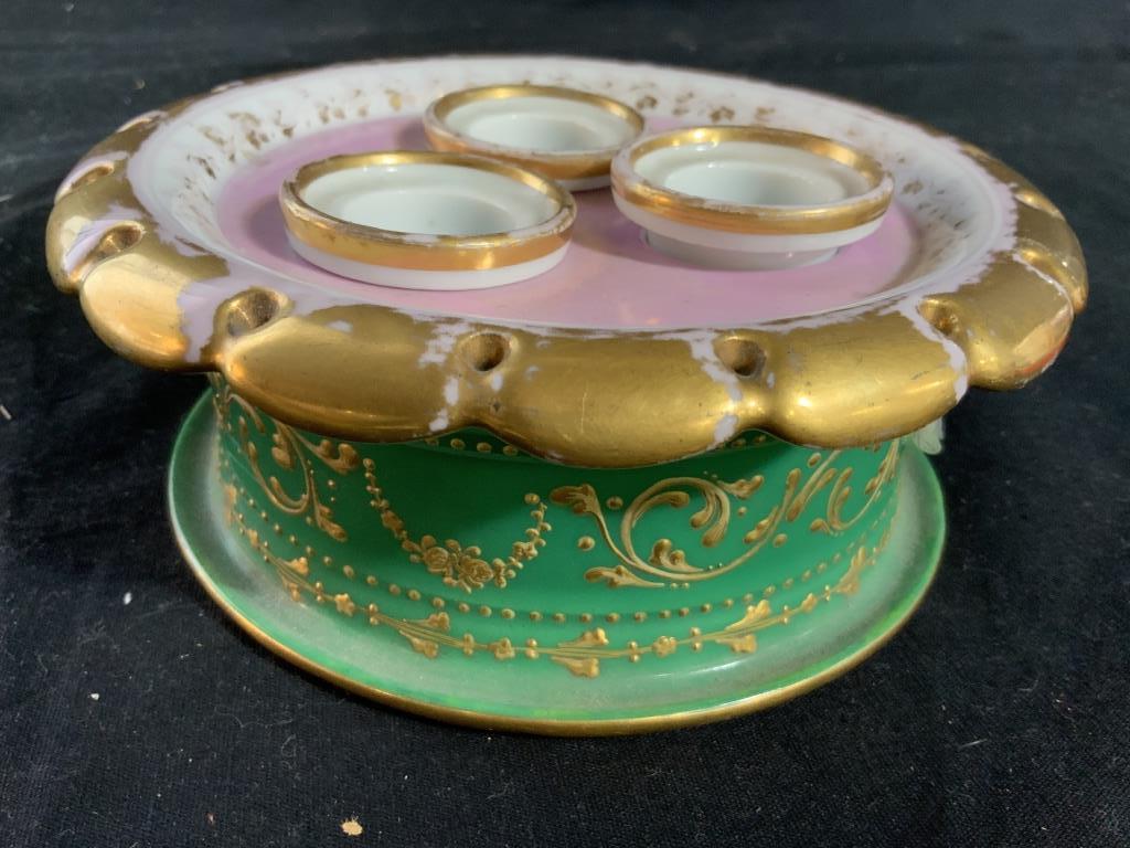 Antique old Paris Porcelain Triple Inkwell: 19th Century French Porcelain, old Paris porcelain circa 1860 Inkwell, Pink green white porcelain with 22k gold accent trim and paste up swags scrolls and vines, three removable porcelain ink wells, m