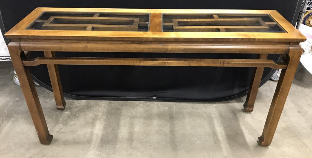 Vintage Wooden Asian Style Console Table: Vintage Wooden Asian Style Console Table with glass top, some nicks to wood around leg edges, surface scratches and nicks to top, measures approximately 52 inches long x 14 inches deep x 28 inches tal