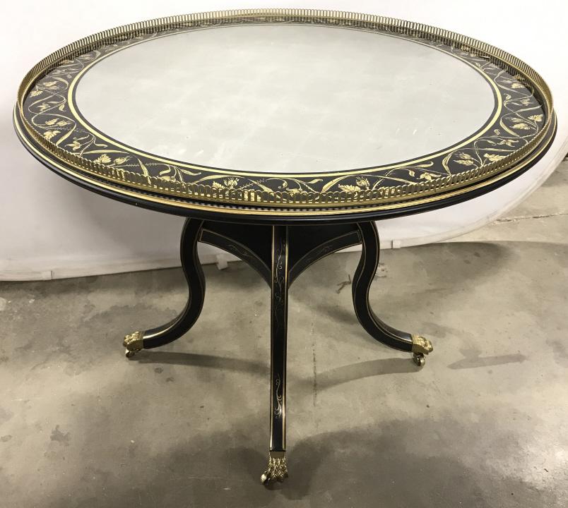 E J Victor Julia Gray Round Lamp Table: E J Victor Julia Gray Round Lamp Table Constructed Of Poplar Solids In black toned painted finish with gold toned painted design, Brass Openwork Gallery, Eglomise Glass Insert with leaf and vine board