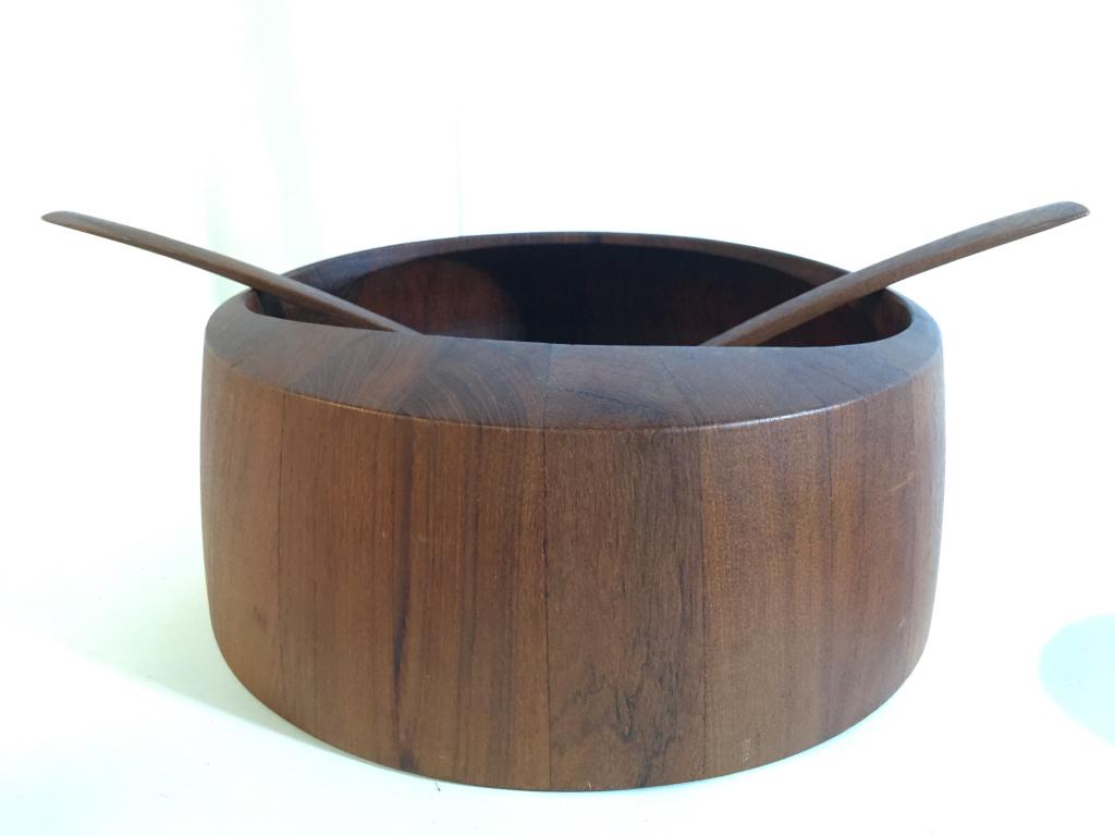 Lot 3 STAVED TEAK Wooden Bowl & Spoons: Underside of piece is marked STAVED TEAK DENMARK. Lot includes 2 spoons & 1 bowl. Teakwood, Danish teak, Teak Bowl, Teak Spoons. tableware, tbaletop accessories, serving vessels Bowl measures approx 1
