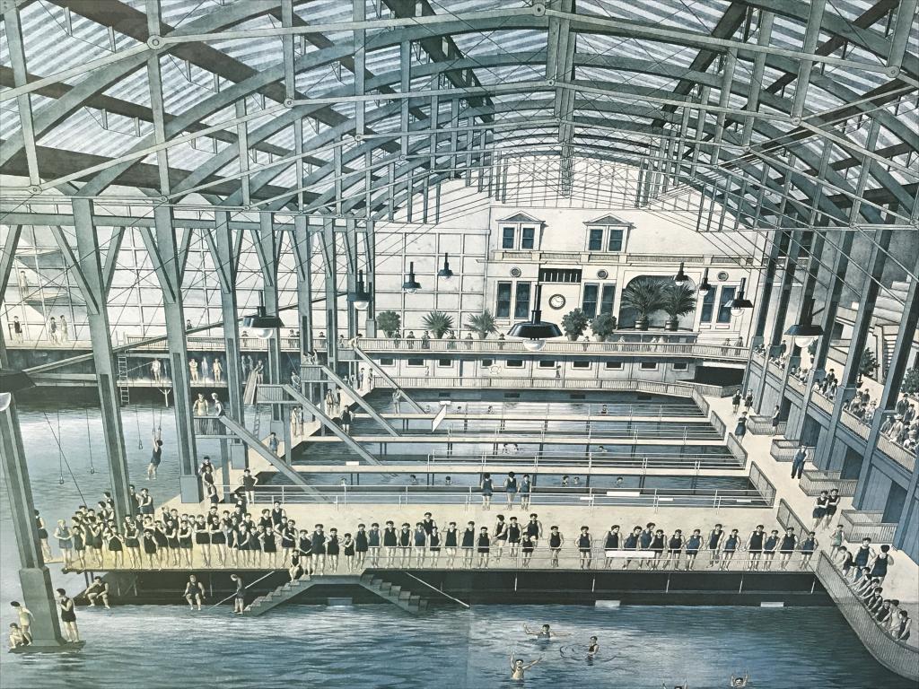 Vintage 1977 San Francisco Sutro Baths Poster: Oversized vintage poster of an illustration of the San Francisco Sutro Baths after Marilyn Blaisdell. Lower right corner of artwork reads ‘Sutro Baths-1900. San Francisciana-17, Marilyn Blaisdell 19