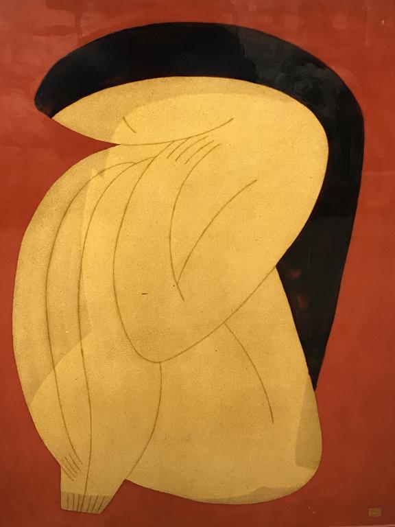 Signed Dinh HAHN Laqcuered Art, Female Nude: Attributed to Dinh Hanh (Vietnamese, born 1957). Lacquer On wood style panel painting depicting a modernist style gold tone female nude figure against vibrant red background. Signed in lower right cor