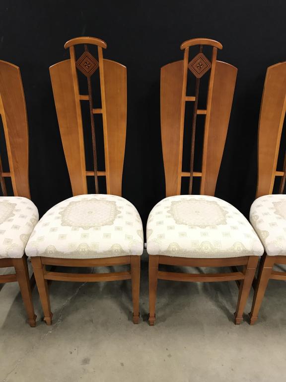 Set 4 East Meets West High Back Dining Chairs: Set 4 East Meets West High Back Dining Chairs With upholstered seats. Chairs have tall wooden backs that continue to the floor with openwork and inlay design, cream toned upholstered seats with gold t