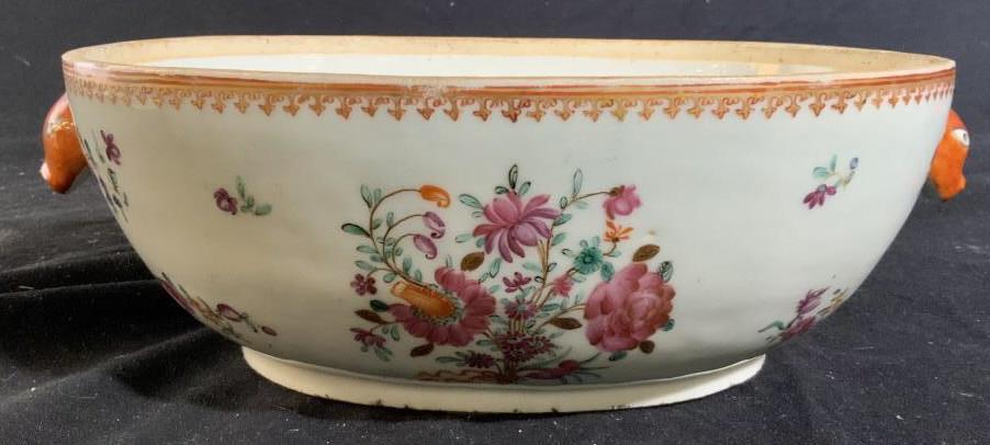 Vintage Painted Chinoiserie Celadon Vessel: Vintage possibly antique Asian ceramic, porcelain, pottery, with animal head handles painted floral sprigs celadon underglaze, chinoiserie, orientalism, Asian decorative arts, tableware, measures ht 4