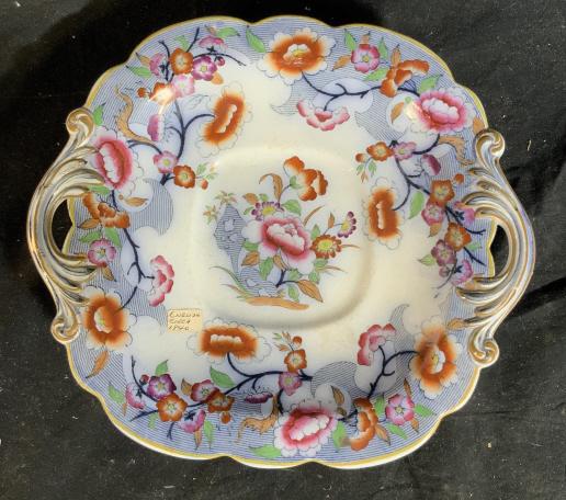 Antique English Porcelain Pedestal Platter, C1840: Hand painted English Porcelain, 19th Century Antique tableware, Footed pedestal platter, cake stand, dessert stand, decorative accessory, circa 1840, measures ht app 3 inches diameter to open scrolled