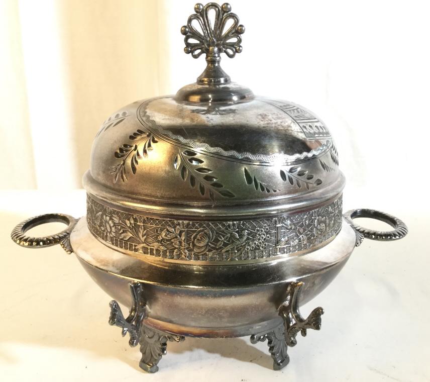 Victorian Domed Butter Dish W Lid & Spoon: Underside is marked WEBSTER & SON QUADRUPLE PLATE. Possibly butter stand, possibly sauce or compote server. Has serving utensil Holder. Includes spoon. Piece is intricately etched. Repousse. Piece is