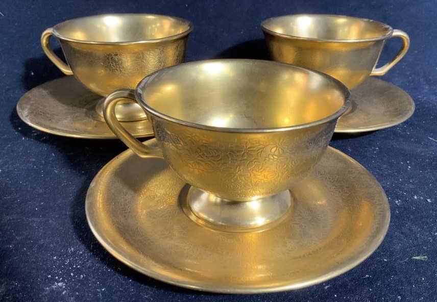 Set 3 Vintage PICKARD 22k Gold Plated Porcelain: Three sets of cups and saucers marked underside for Pickard, , Made in USA, Circa 1920, collectible tableware, PICKARD porcelain etched design 22k gold, vintage porcelain, antique porcelain, decorativ