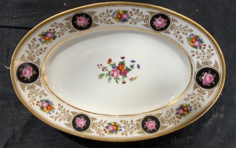 Antique Old Paris Porcelain Platter C1860: 19th Century French Porcelain, old Paris porcelain platter, centerpiece, decorative arts, collectible French antique porcelain, measures app 14 by 9.5 inches oval, ht app 2 inches, short pedestal base