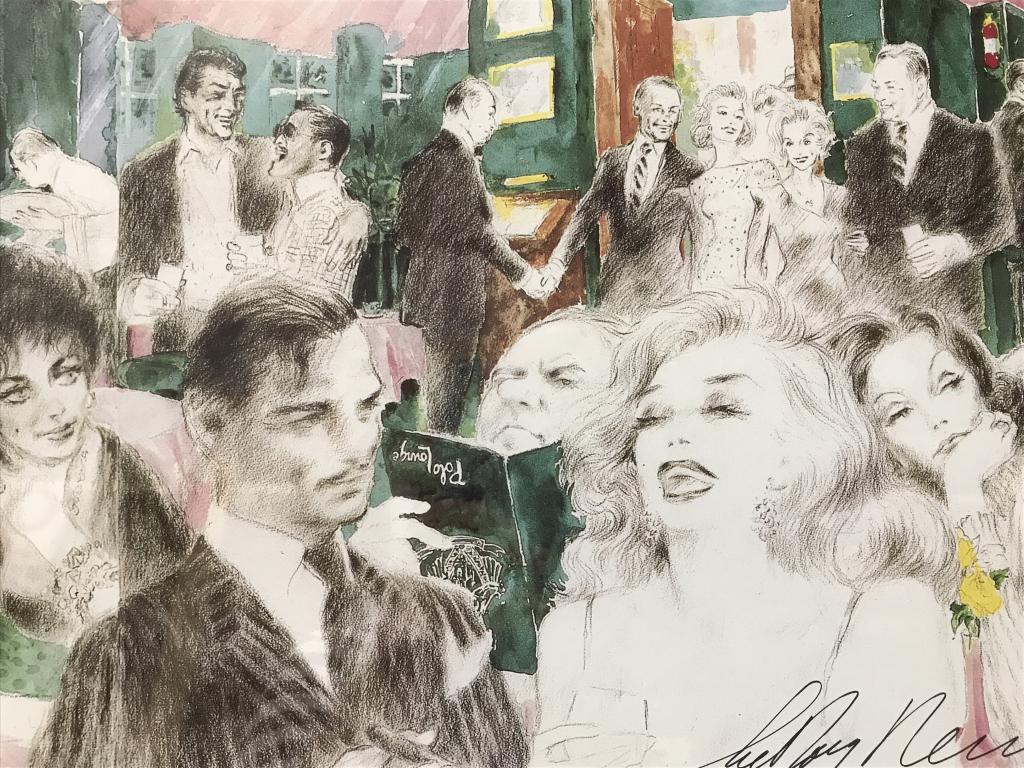 Signed LeRoy NEIMAN Color Lithograph, Polo Lounge: Signed color lithograph depicting figures like Lauren Bacall, Marilyn Monroe, Humphrey Bogart, Cary Grant, Frank Sinatra, Bette Davis, Greta Garbo, Dean Martin, and more. Verso has full list of celebr