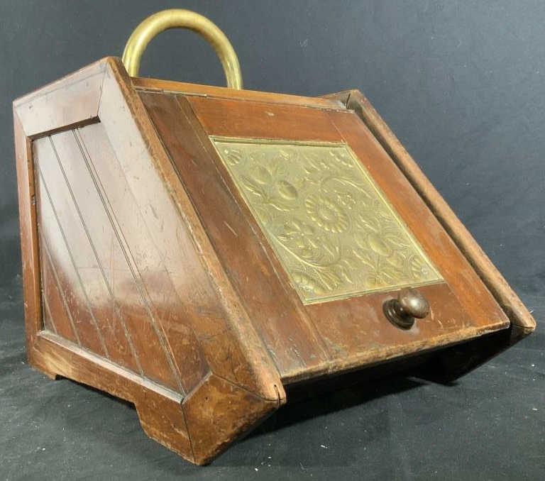 Antique Wood Brass Metal Coal Scuttle w Shovel: Antique fireplace accessory, antique wood scuttle heavy brass tubular handle repousse brass center plate with art nouveau, arts and crafts design swirls and florals, wood door with knob opens to revea