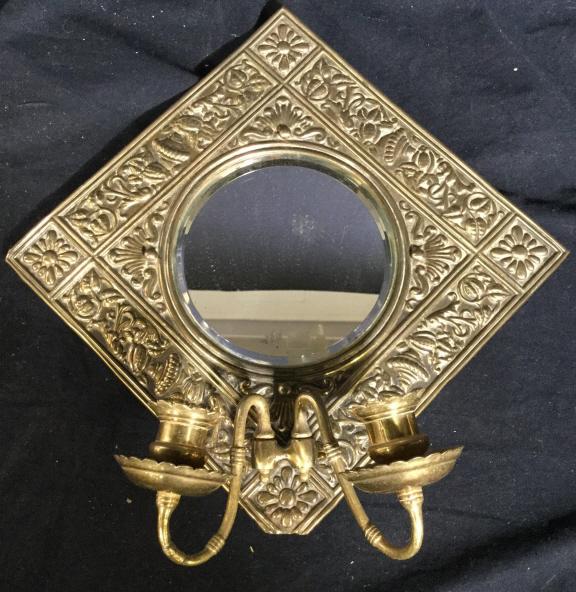 Vintage Gold Toned Brass English Wall Sconce: Vintage Gold Toned Brass English Wall Sconce. Measures approx 14 in by 14 in by 5 in. Some wear to mirror and metal, and damage to lower corner. wall sconce, candleholder, decorative accessory, wall h
