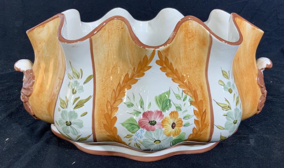 Signed Hand Painted Ceramic Planter, Italy: Signed for made in Italy, signed Nore Peaton, Hand crafted Hand Painted scallop Leaf Form handles, ruffle edges, short pedestal base. Ceramic tableware, cache pot, terrine, planter, vessel, bowl, deco