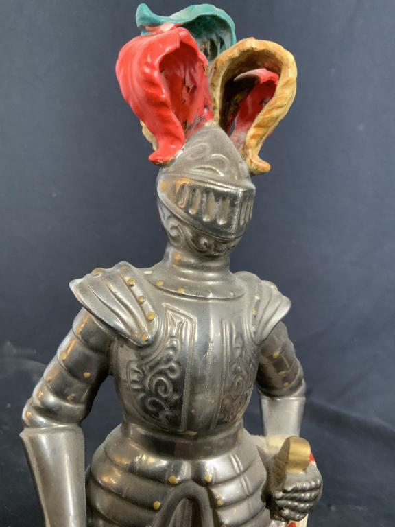Hand Painted Suit Of Armor Ceramic Figural: Medieval Figural marked for hand painted, Japan, warrior knight Figural, suit of armor warior on pedestal, decorative arts, vintage porcelain, pottery, ceramic, measures ht 14 inches, table top decor,
