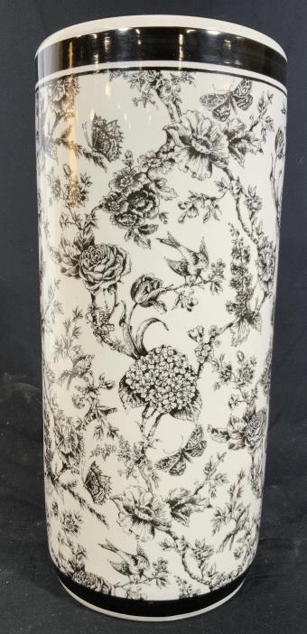 Centrum Toile Porcelain Umbrella Stand: Porcelain ceramic cylindrical umbrella holder, cane holder, decorative accessory, cache pot, planter, marked underside for CENTRUM, Toile by Pam Marker, measures ht 18 inches diameter app 8.5 inches