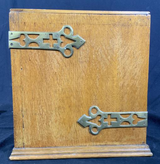 Antique English Wood Brass Letter Box, C1910: Antique English letter box, wood with brass hardware accents, antique arts and crafts, antique document box, desk top collectible, measures app 11.5 inches ht, width 11 inches depth app 4 inches