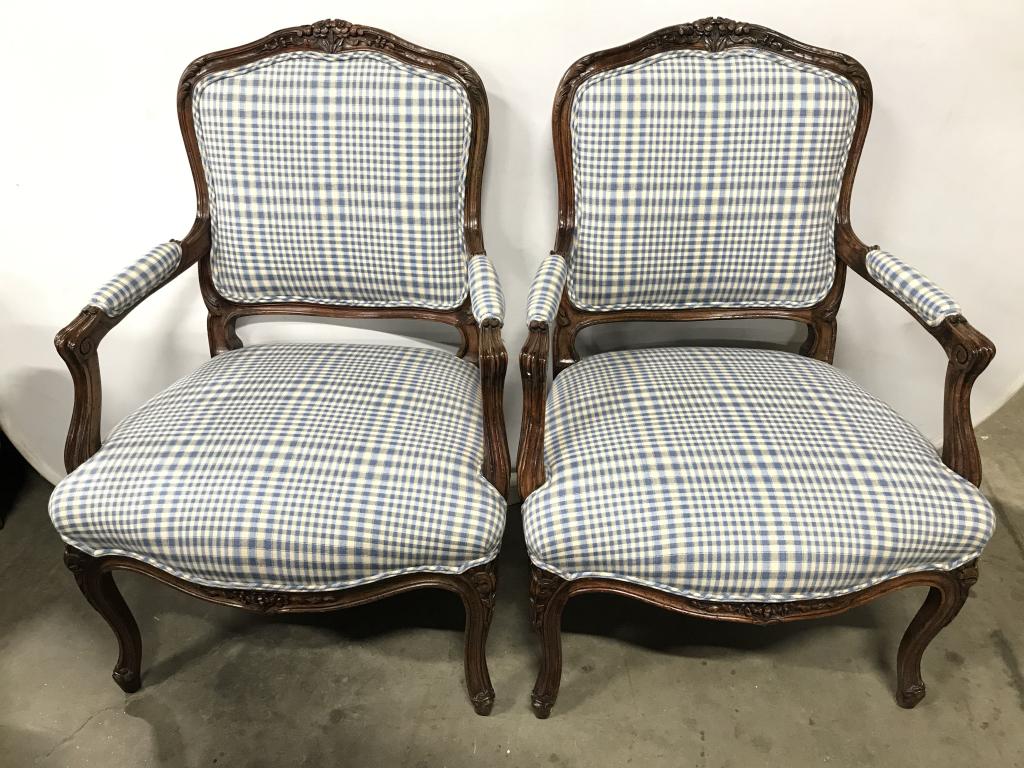 Pair Bergeres W Brunschwig & Fils Chairs: Lot includes 2 carved wooden bergeres. Each has BRUNSCHWIG & FILS Fabric For Upholstery. Each measures approx 40 inches tall 26 inches wide, 28 inches deep. Carved Wooden Chairs, Upholstered Chairs. s