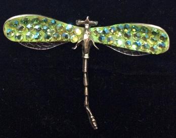 Signed sterling Silver Dragonfly Brooch Pin: With green toned rhinestone details in wings, Marked for 925 in reverse, signed possibly reads Loreal. Measures approx 2 in by 2 in. Women’s vintage estate jewelry, fashion accessories, wearables, 4
