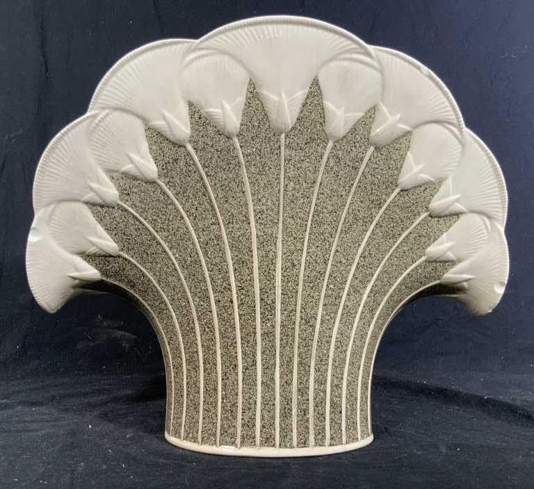 Oversized Italian Fan Shell Form Porcelain Vessel: Numbered and labeled for made in Italy, large vessel, vase, decorative accessory, porcelain ceramic pottery, speckled glaze, on white, Lilly forms, Art Deco style, centerpiece tableware, measures ht a