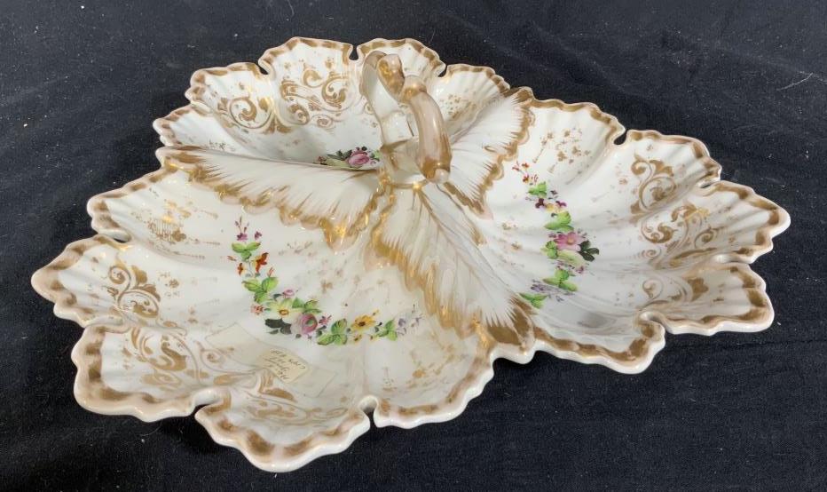 19th Century German Porcelain Platter: Tri- sectioned serving ware, antique German Porcelain Platter, serving platter, antique porcelain, measures app 14 inches diameter ht app 6 inches
