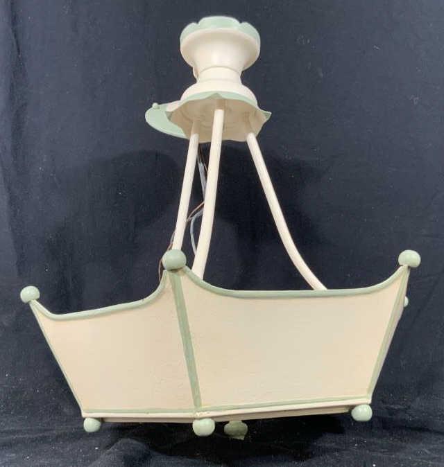 Painted Green Cream Metal Tole Chandelier: Ceiling fixture, chandelier, vintage lighting, faceted whimsical metal ceiling light measures ht to canopy app 20.5 inches, three light fixture with frosted glass underside, diameter app 16 inches hom