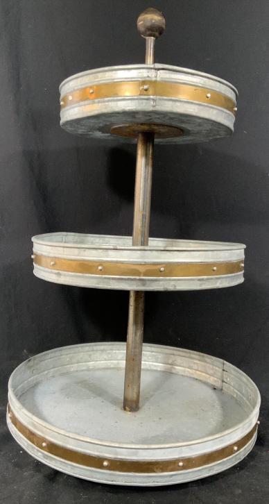 Vintage 3 Tiered Metal Fruit Stand: Display stand three circular trays and center pole stands app ht 25 inches, three trays graduating sizes largest diameter app 17 inches, metal stand with brass Banding detailing, table ware, industria