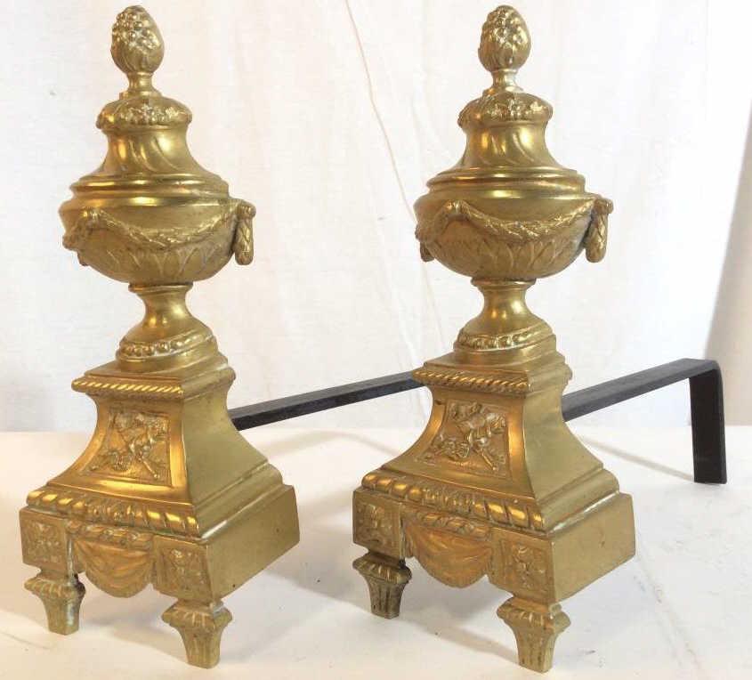 French Brass Fireplace Chenets Andirons: Andirons are gold toned. Each are brass. Both have ornate details. Each measures approx 11 inches tall and long, 4 inches wide. Fireplace tools, brass Andirons, French Andirons, Fireplace Accessories,