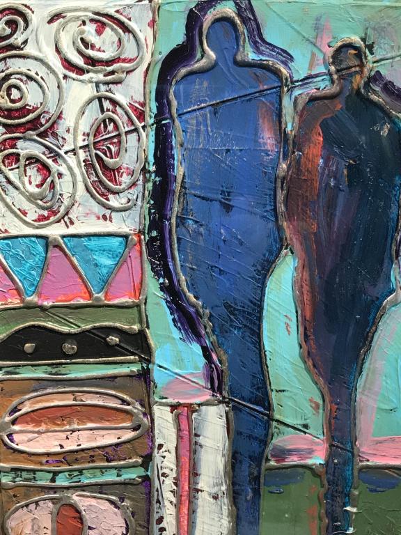 Signed P. BEATTY Mixed Media Abstract Art: Signed in pencil P. Beatty in lower right corner, attributed to Patricia Beatty. Mixed media artwork depicting abstract figures and symbols, titled ‘Pure attraction #9’ in lower left corner. Artwo