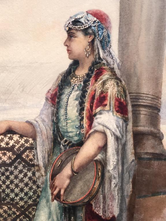 Signed F.F. Gimenez Antique Watercolor, c. 1891: Signed F.F. Gimenez and dated 1891 in lower right corner, attributed to Federico Fernandez y Gimenez (Spanish, 1846–1873). Watercolor artwork depicts woman on balcony. Artwork is matted and set behi