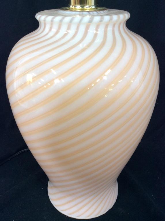 Swirl Detailed Art Glass Lamp W Shade: Lamp has white and orange tones. Lamp includes shade and finial. Measures approx 25 inches tall, 9 inches wide. home decor, arts and crafts, decorative arts, home accessories and decor, table lamps, h