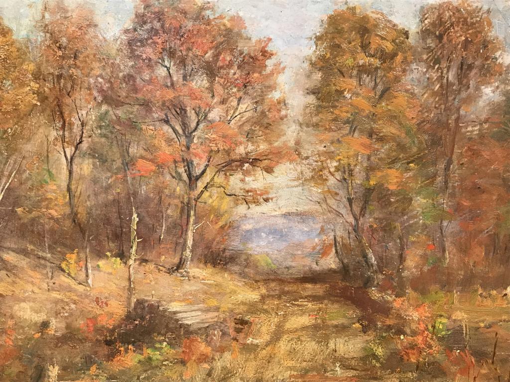 Signed Hudson River School Painting, Red Oak Trail: Signed painting on board depicting autumn foliage in the style of Hudson River School Painting. Signature in lower left corner is obscured by frame. Verso Of Board has additional faded illegible writi