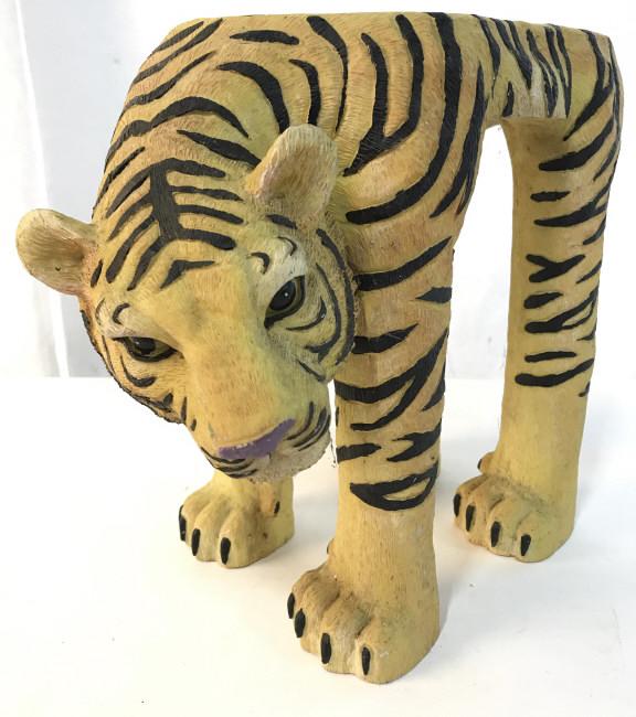 Hand Painted Tiger Pedestal Stand / Stool: Stool is hand painted. Contains painted and relief detail to mimic fur. Pedestal, stool, footrest, Tiger stool, Animal Stool. Piece appears to possibly be wooden. Measures approx 11 inches tall 12 inc
