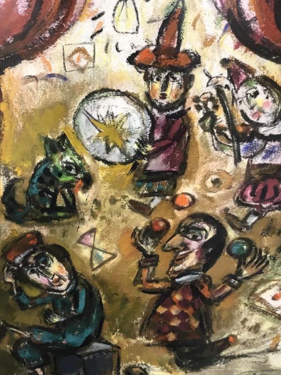 Signed Toth ERNO Watercolor Art, Jester Theatre: Signed impasto-Style Watercolor Painting depicting jester, Clown figures and a dog in a theatre setting. Signed in lower right corner and dated 76, attributed to Toth ERNO. Watercolor is lined, matted