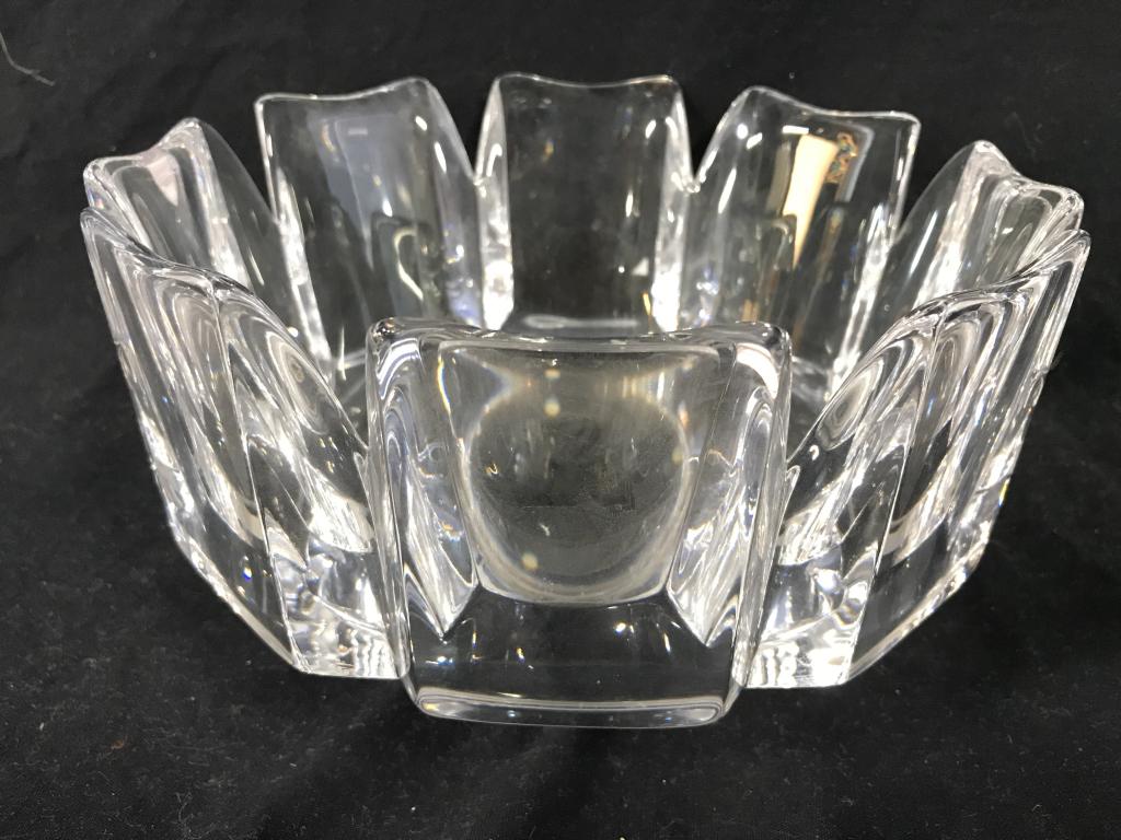 Cut Crystal ORREFORS Bowl: Underside is signed ORREFORS. Piece is cut crystal. Cut crystal bowl, ORREFORS bowl, tabletop accessories, centerpiece. Piece measures approx 9 inches wide 5 inches tall. art glass crystal, decorative