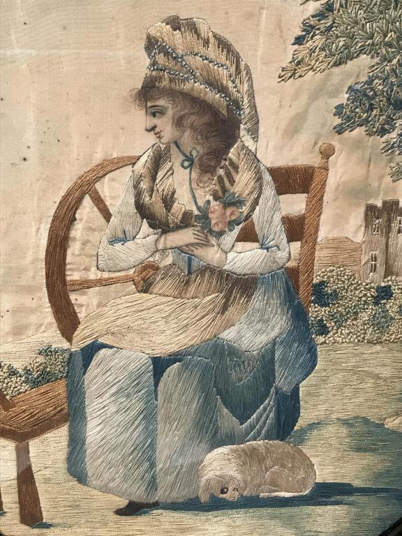Pair C19th Georgian Silk Embroidered Artwork: Pair of 19th Century Georgian silk embroidered pictures with hand painted features in the face and hands. C. 1800 George iii, English embroidery. One picture depicts a man with rifle and hound, the ot