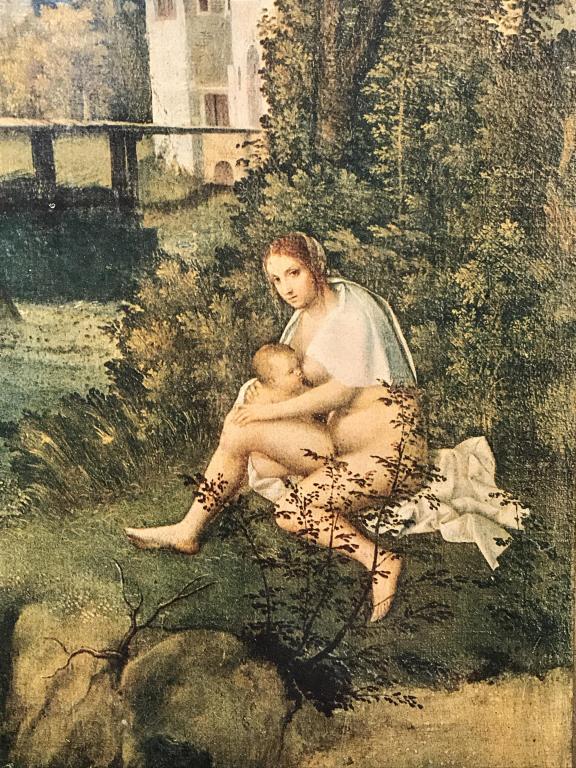 Fratelli Alinari Renaissance Print On Gilt Wood: Verso has label for Fratelli Alinari, Flotence, Italy. Plaque print on gold gilded wood, depicting Giorgione’s ‘The Tempest,’ with nursing mother and child, and clothed man against stormy landsc