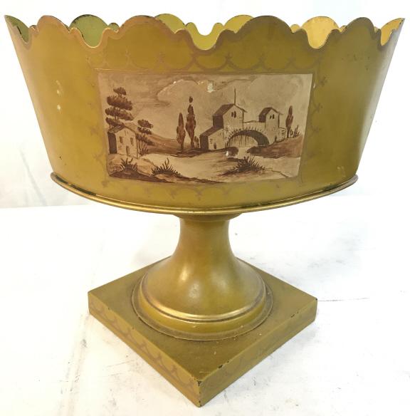 Toleware Painted Metal Vessel: Vessel has a yellow tone with painted detail. Vessel, cache pot, planter, metal planter, metal vessel. decorative arts and accessories, english toleware, tableware, tabletop decor, pedestal dish, Piec