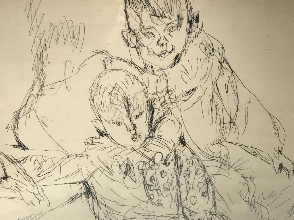 Signed KOERNER Pen & Ink Drawing, ‘Two Boys’: Signed KOERNER in right side, attributed to Henry KOERNER (Austrian-born American, 1915 - 1991). Pen and ink drawing titled ‘Two Boys.’ Drawing is set behind glass in white tone painted wood frame