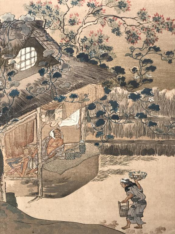 Japanese Woodblock Print after Mitsuoki Tosa: Vintage 20th Century Framed Japanese woodblock print after Mitsuoki Tosa (1617 to 1601), ‘Straw Artisan’ or ‘Artisans in Straw.’ Artwork is composed of neutral tones depicting figures in home 