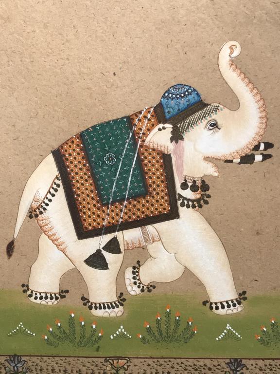 Indian Miniature Style Watercolor, Royal Elephant: Original watercolor artwork in the style of Indian Miniature Painting depicting a decorated royal elephant with floral border. Artwork is matted and set behind glass in burled wood style frame with ma